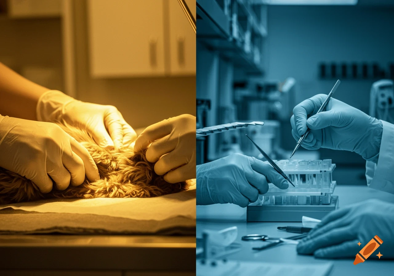 Photorealistic split image showing hands in white gloves caring for an animal on the left and hands in blue gloves working in a lab on the right.