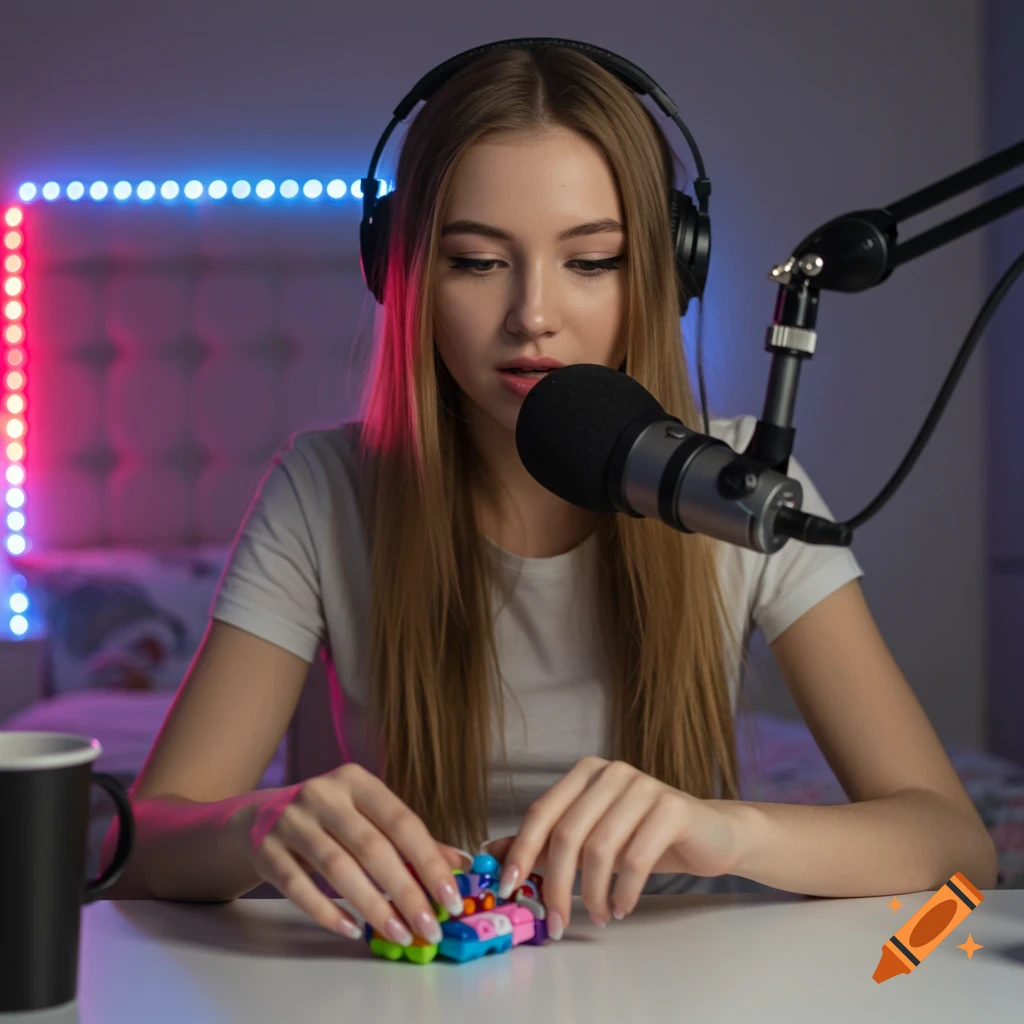 A young woman wearing headphones sits at a desk with a microphone, looking down at a colorful toy she holds, in a room lit by red and blue LEDs.