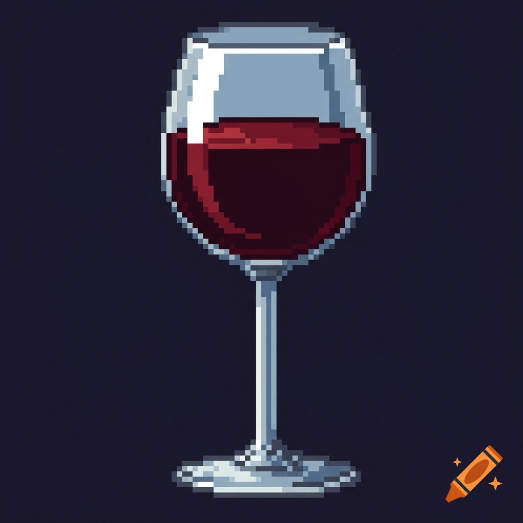 A pixel art depiction of a glass of red wine on a dark background.