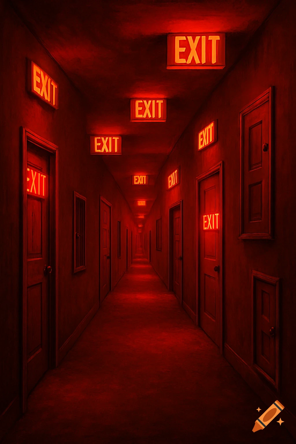 An infinite, dark red hallway lined with doors and illuminated by glowing red EXIT signs on the walls and ceiling.