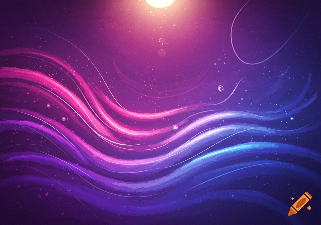 Abstract background with glowing pink, purple, and blue light waves and sparkling particles.