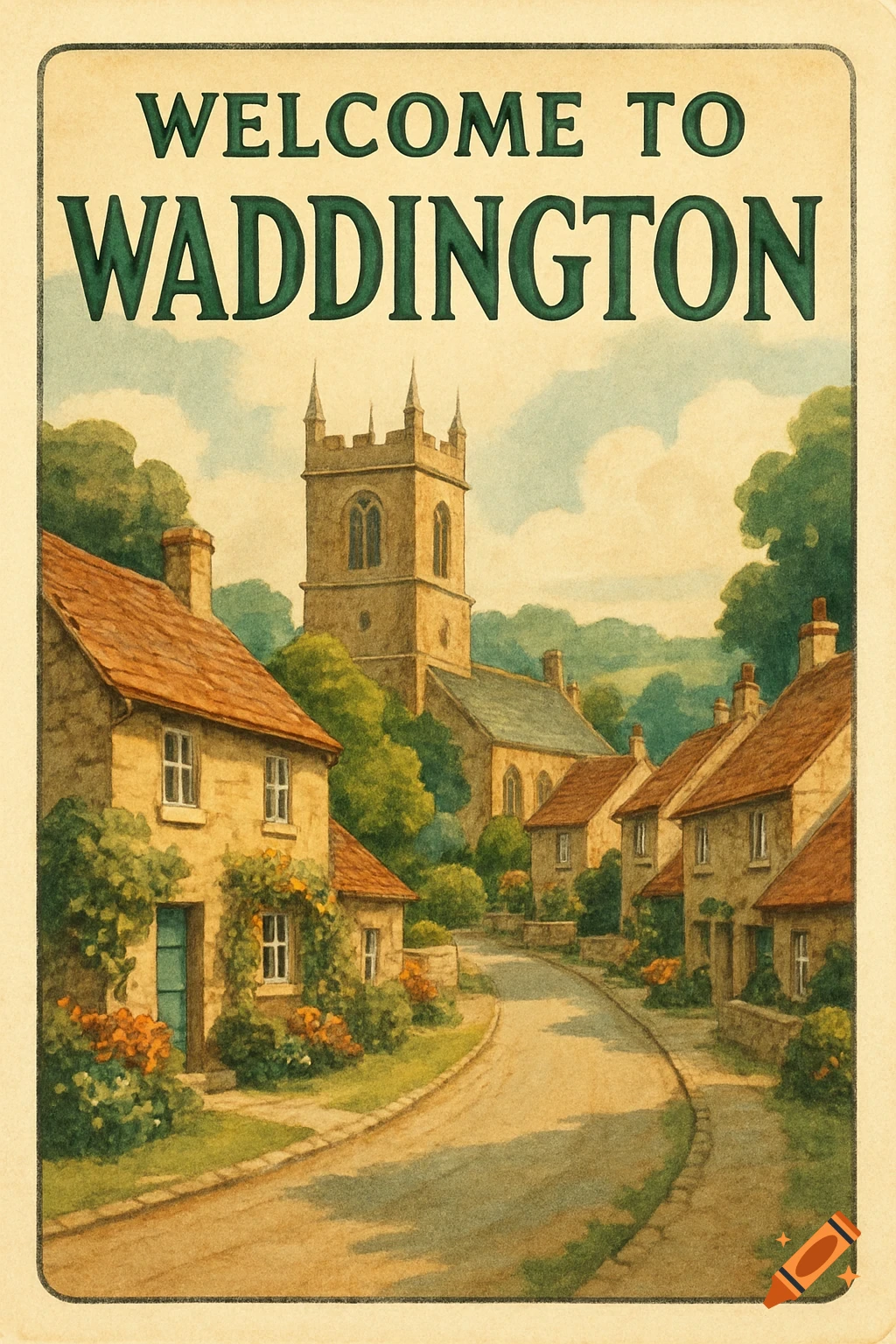 Vintage postcard of a quaint village with a church and houses along a winding road, with 'WELCOME TO WADDINGTON' text.