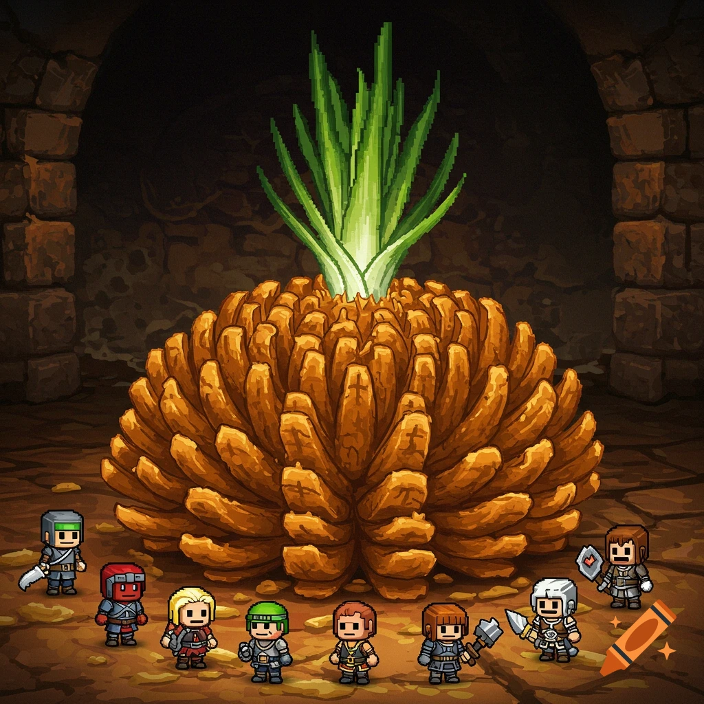 Pixel art of a giant blooming onion in a dungeon, surrounded by small fantasy adventurer characters.