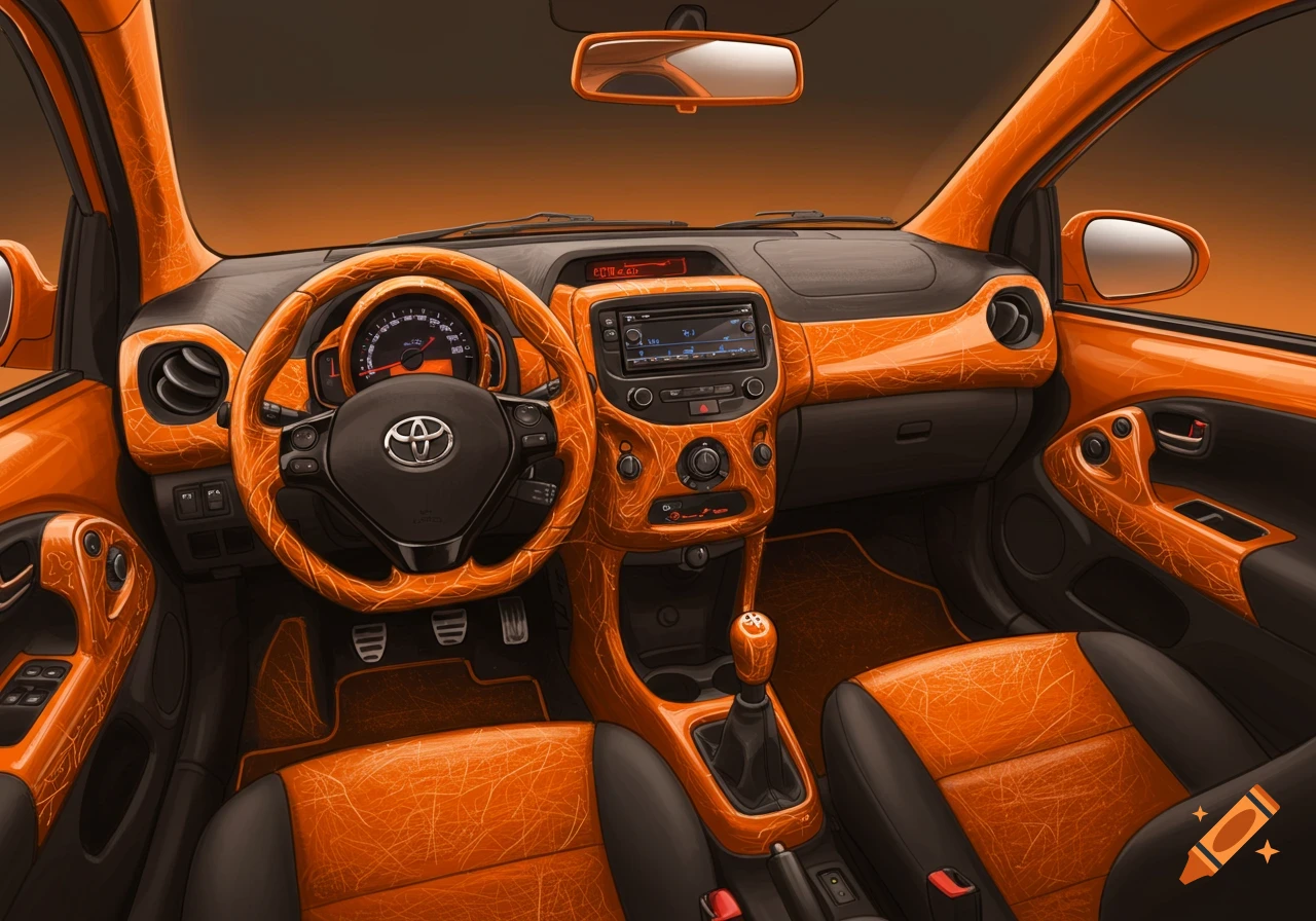 Orange and black Toyota Aygo car interior with unique textured trim resembling metallic orange wires on surfaces.