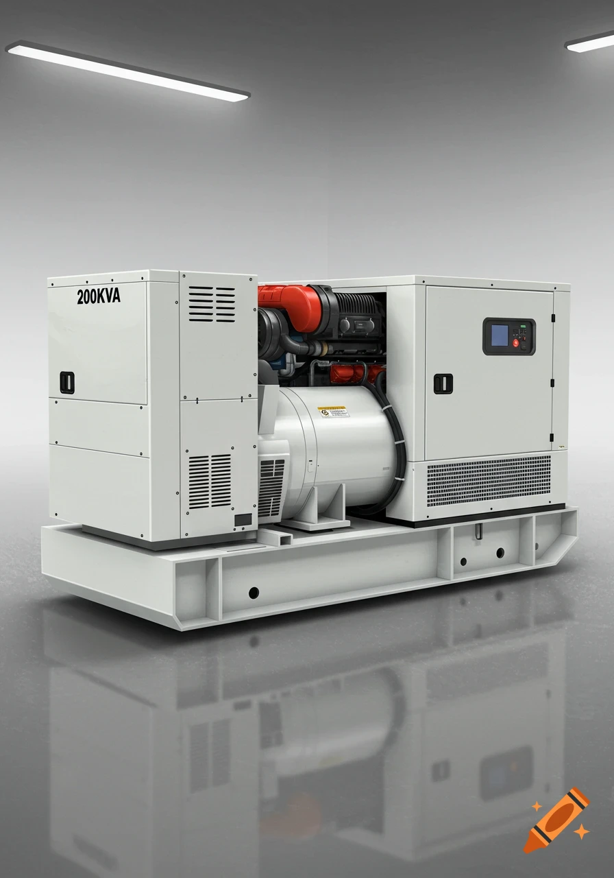 A white 200KVA industrial power generator on a concrete floor with overhead lights and reflections.