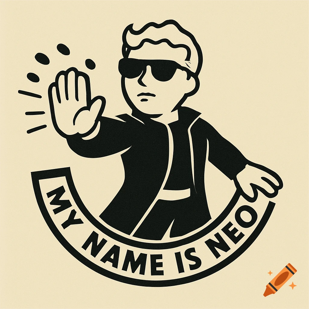 A stylized illustration of a Vault Boy-like character dressed as Neo from The Matrix, with the text 'MY NAME IS NEO' below.
