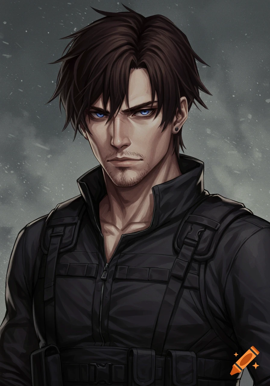 Close-up of a stern-faced man with blue eyes and dark hair, wearing a black tactical vest, in an anime art style.