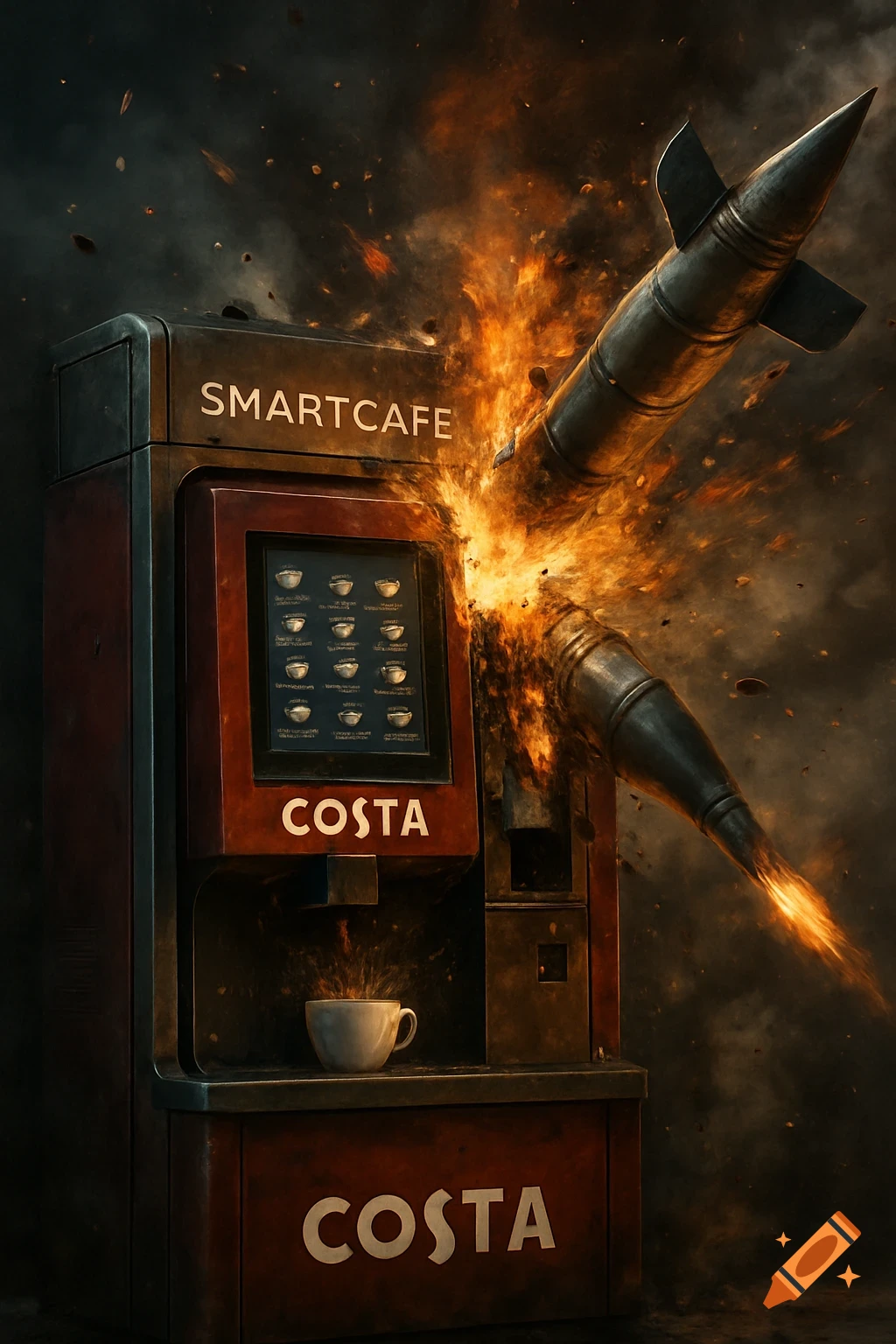 A detailed, digital art image of a missile striking a Smartcafe Costa coffee machine, engulfed in flames and smoke.