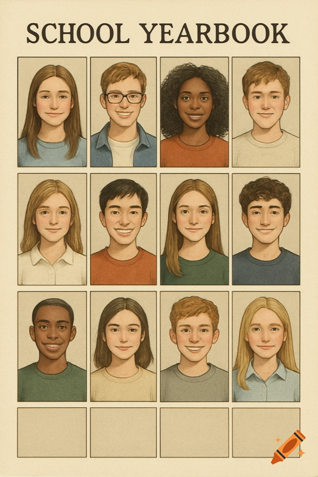 A school yearbook page featuring 12 individual portrait photos of diverse smiling teenagers.