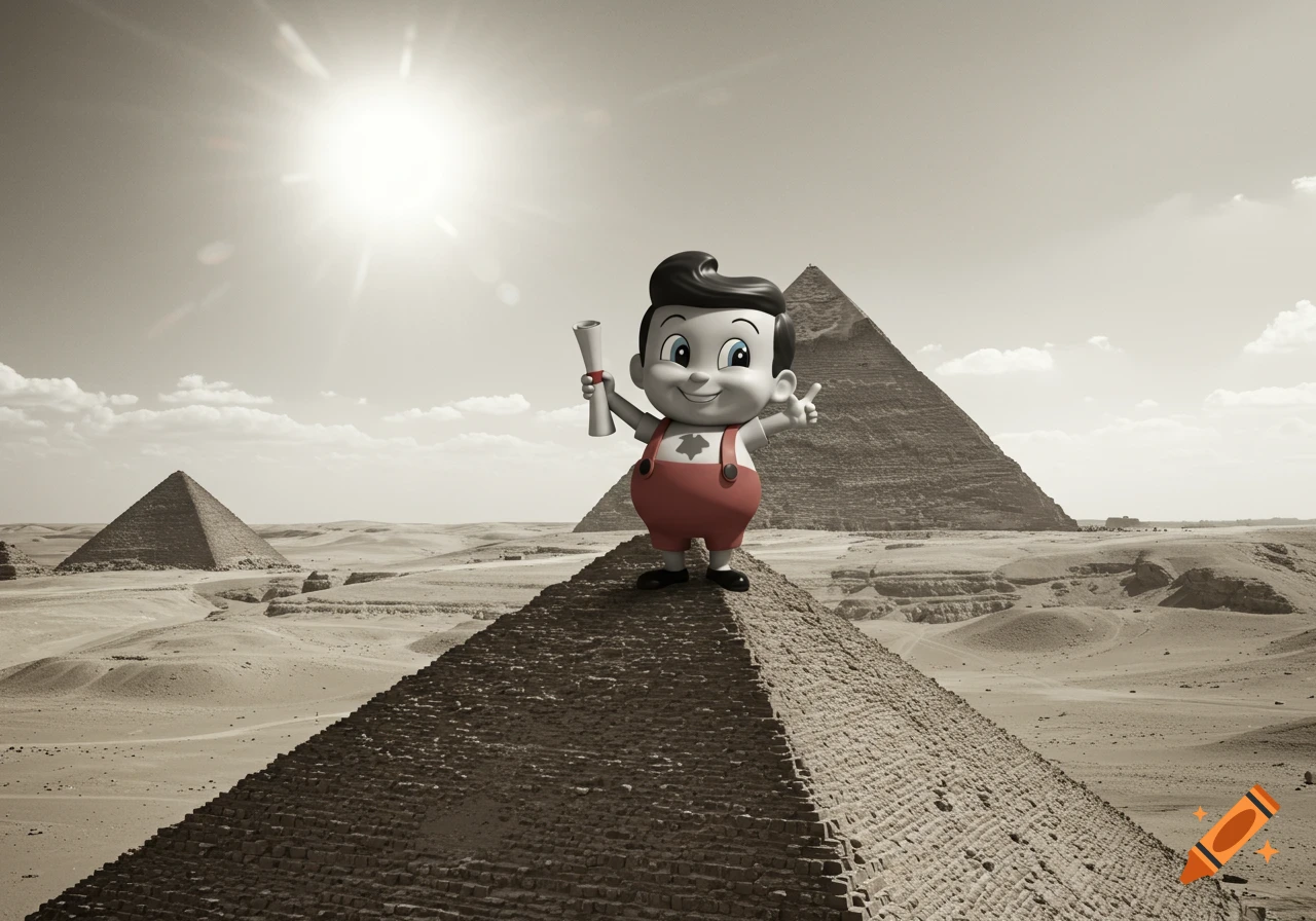 Kips Big Boy stands on top of a pyramid in the desert, holding a scroll, in a sepia-toned old timey photo.