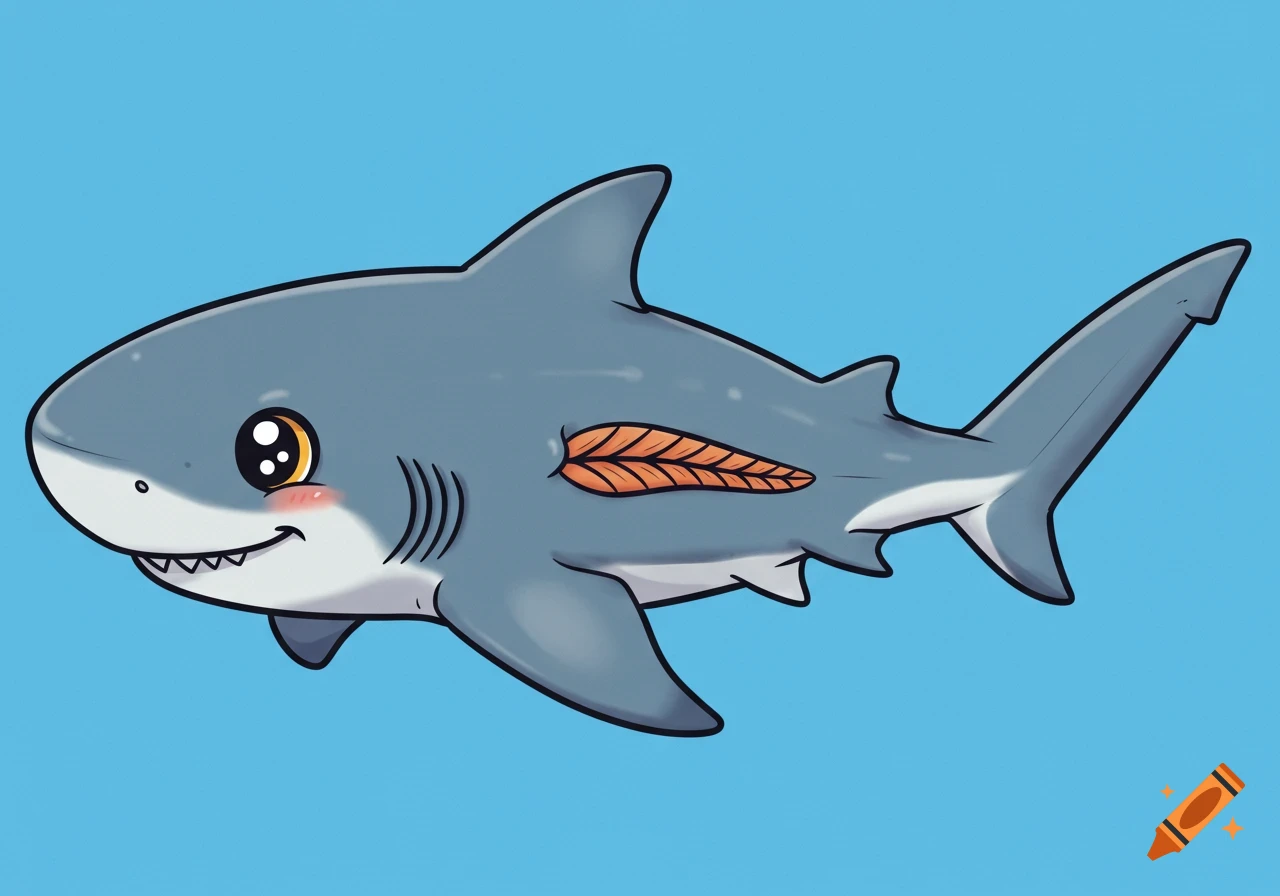 A cute cartoon shark with large, shiny eyes and a blush mark on its cheek swims on a light blue background.