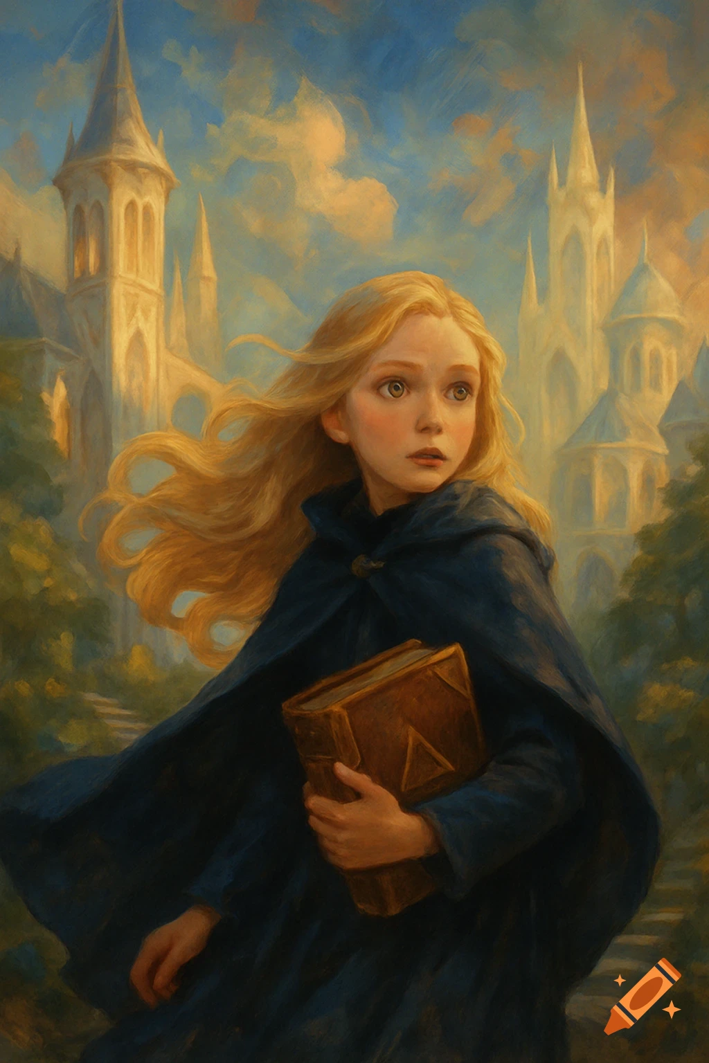 A young blonde girl in a blue cloak holds a book, looking concerned, with castles in the background in a painterly fantasy style.