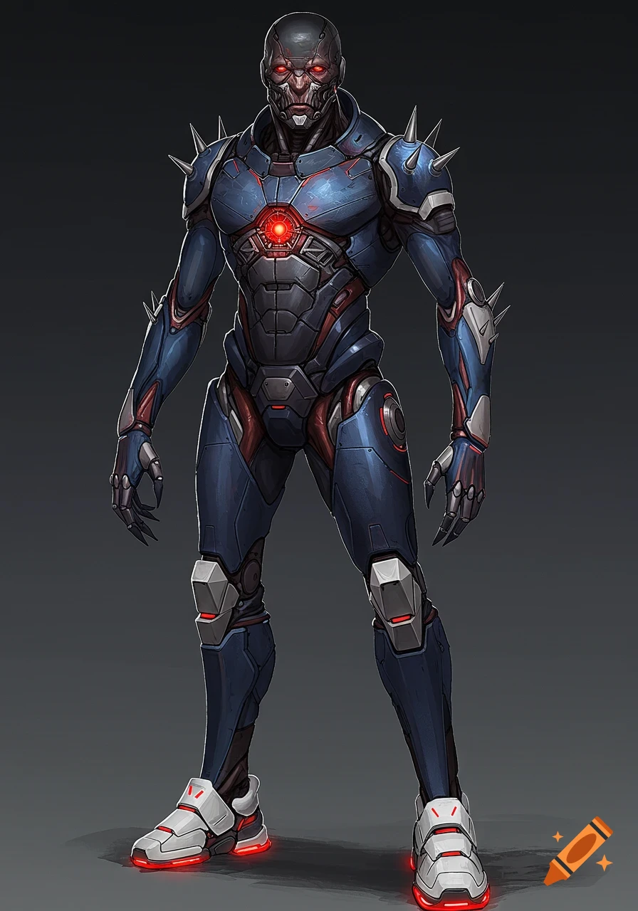 A humanoid robot in detailed blue and grey armor with red glowing accents and spiked shoulders, standing against a dark background.