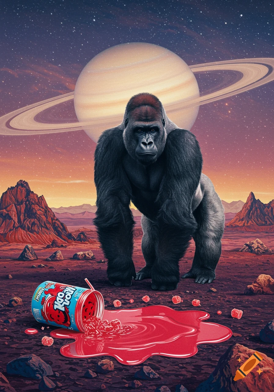 A large gorilla stands on a reddish alien planet with Saturn and its rings in the cosmic sky, next to a spilled container of red liquid and candies.