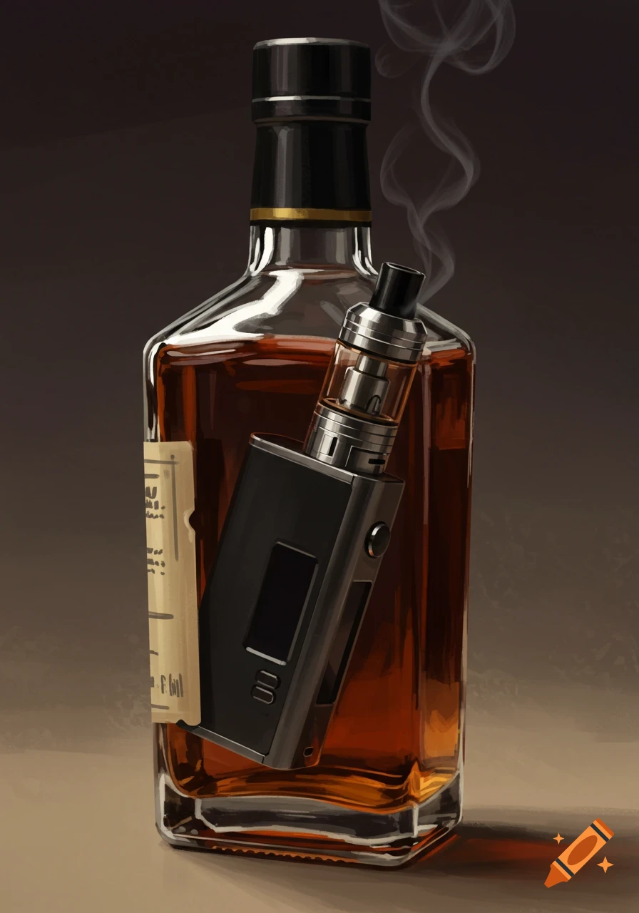 A realistic painting of a vape inside a bottle of amber liquid, with smoke rising from the vape.