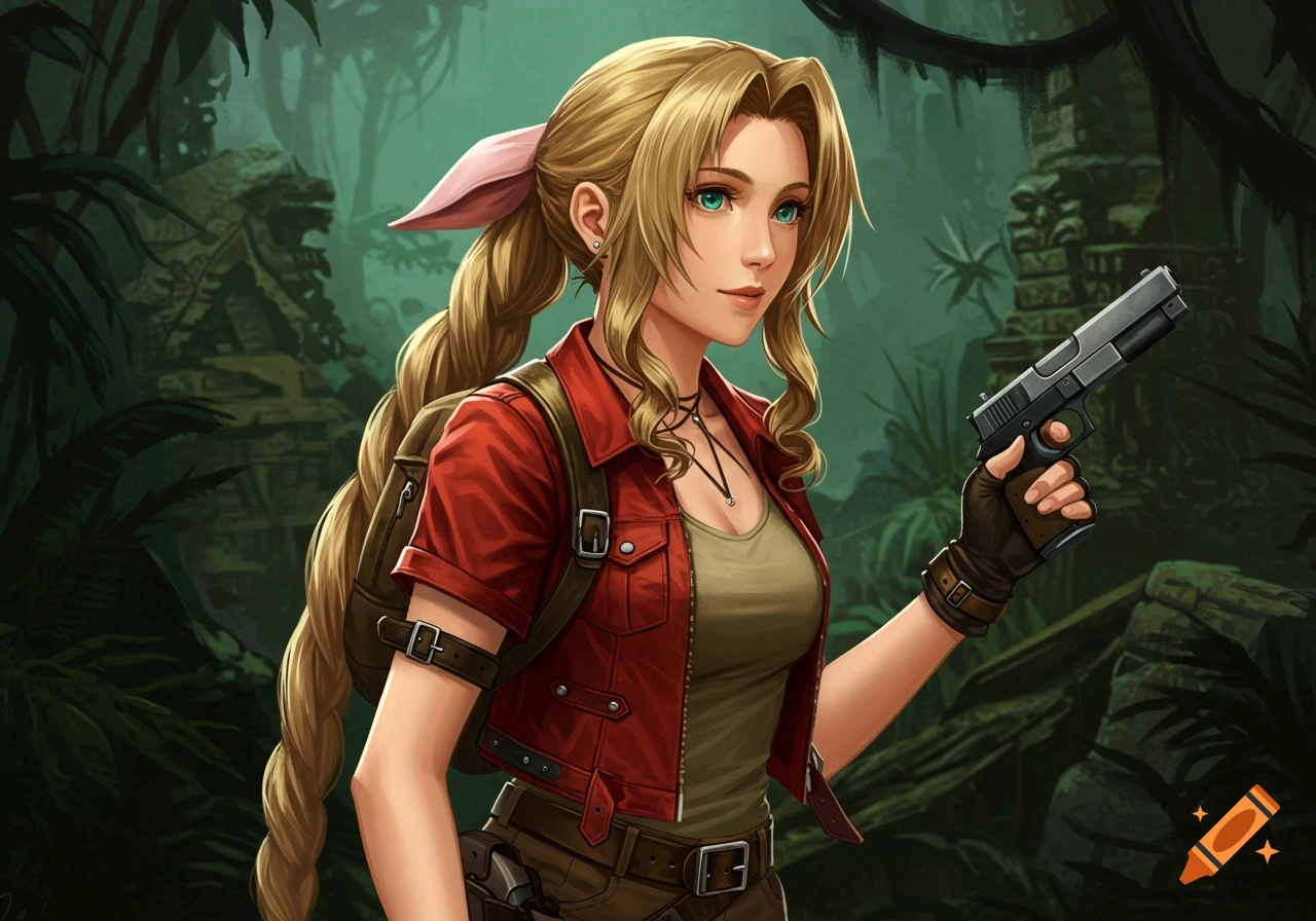 Digital art of Aerith Gainsborough dressed as Lara Croft, wearing a red jacket and backpack, holding a pistol in a jungle ruin setting.