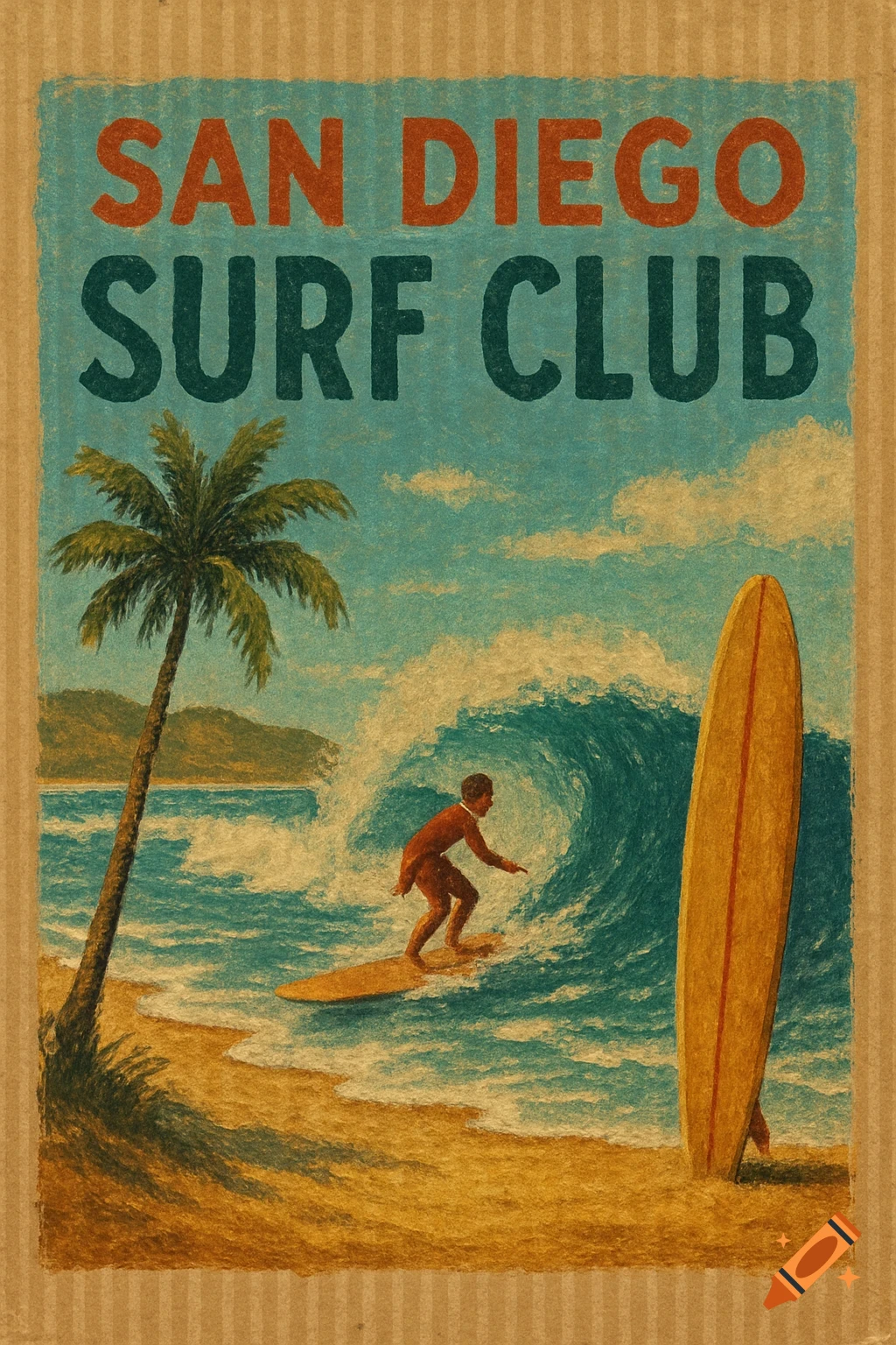Vintage poster for 'San Diego Surf Club' showing a surfer on a wave, palm tree, and surfboard on a beach, with a cardboard texture.