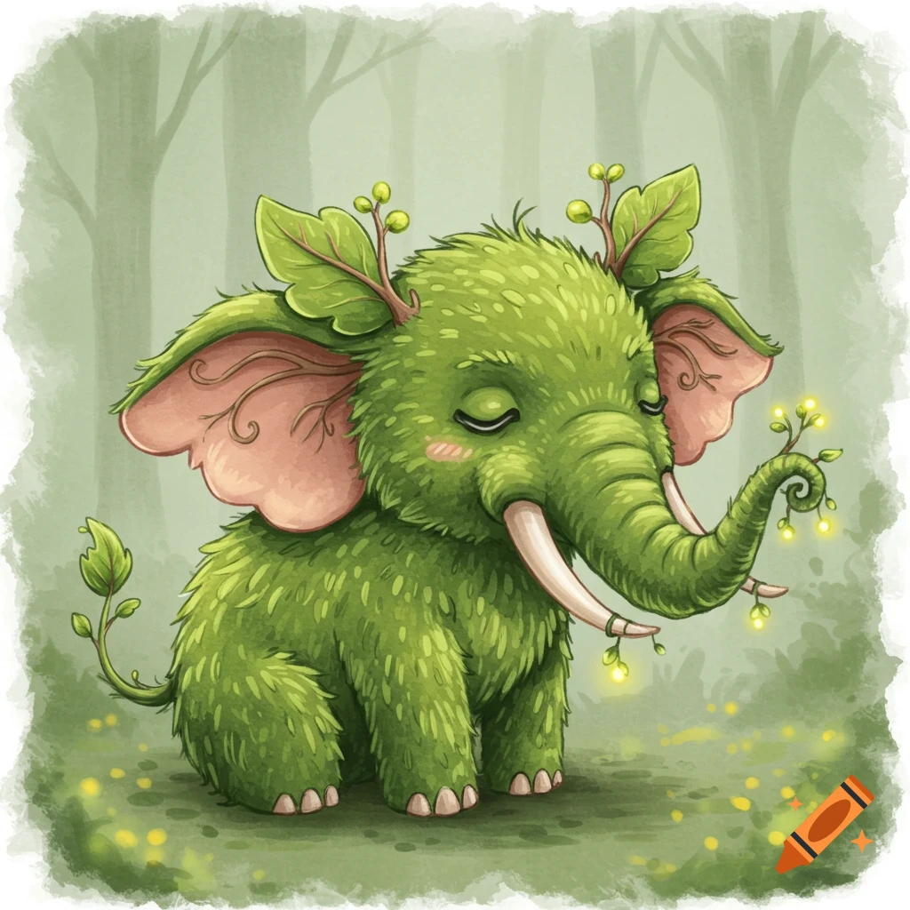 A watercolor illustration of a gentle, green mossphant with leafy ears, twig-like tusks, sleepy eyes, and glowing spores on its trunk, in a soft forest.