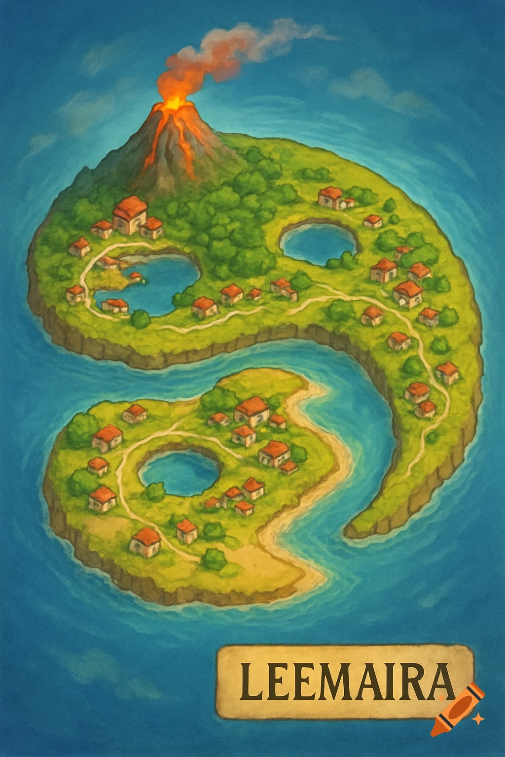 A stylized top-down map of a tropical island shaped like a yin-yang, featuring a volcano, towns, lakes, and a 'LEEMAIRA' label.