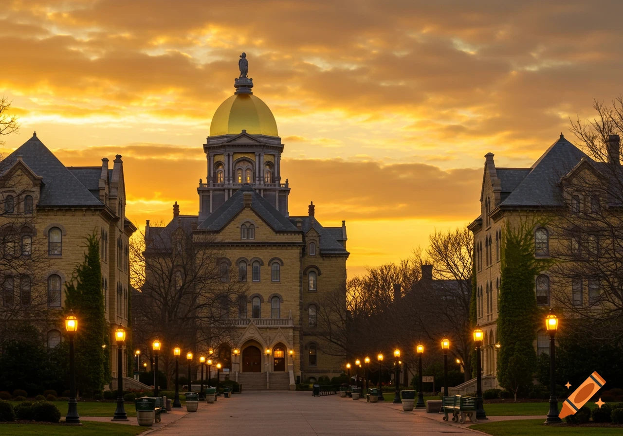 Photorealistic image of Notre Dame's golden dome and historic buildings at sunset, with a golden sky and illuminated path.