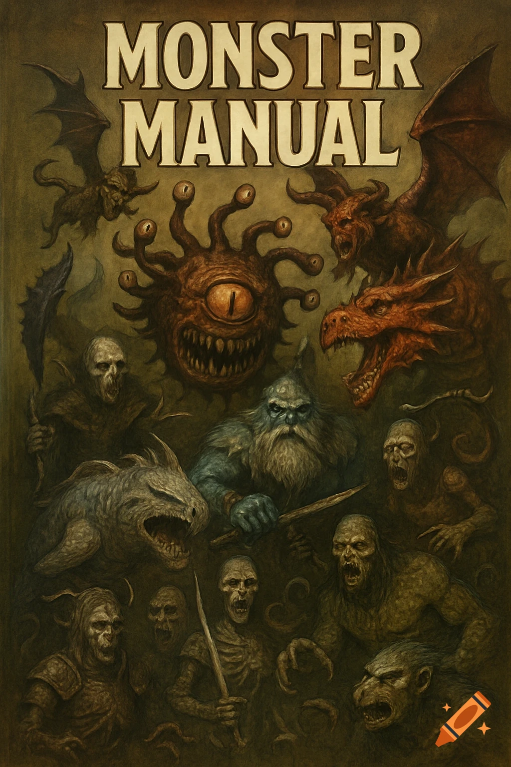 Dark fantasy illustration of various monsters including a beholder, dragons, and zombies, with 'MONSTER MANUAL' at the top.