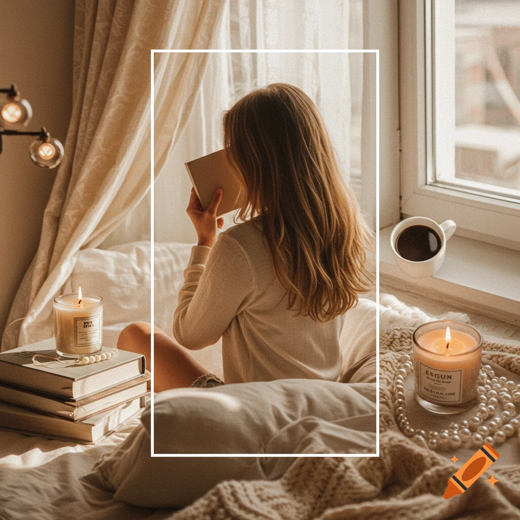 A woman reading a book in a sunlit bed, surrounded by candles, books, and a coffee cup, in a warm, aesthetic style.