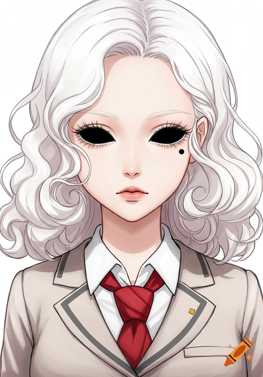 Anime portrait of a white girl with platinum blonde curly hair, black eyes, and a school uniform.