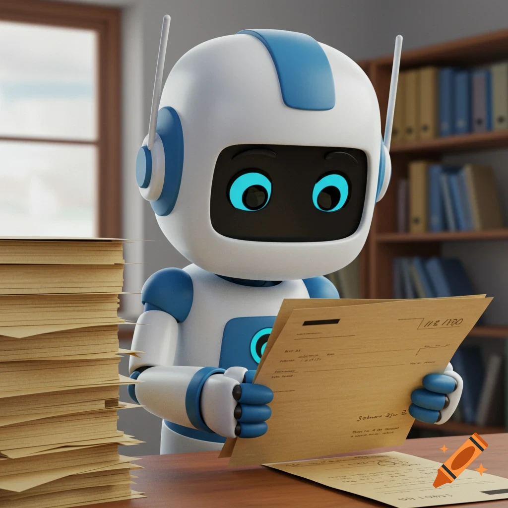 A white and blue cartoon robot sits at a desk, looking at papers in an office.