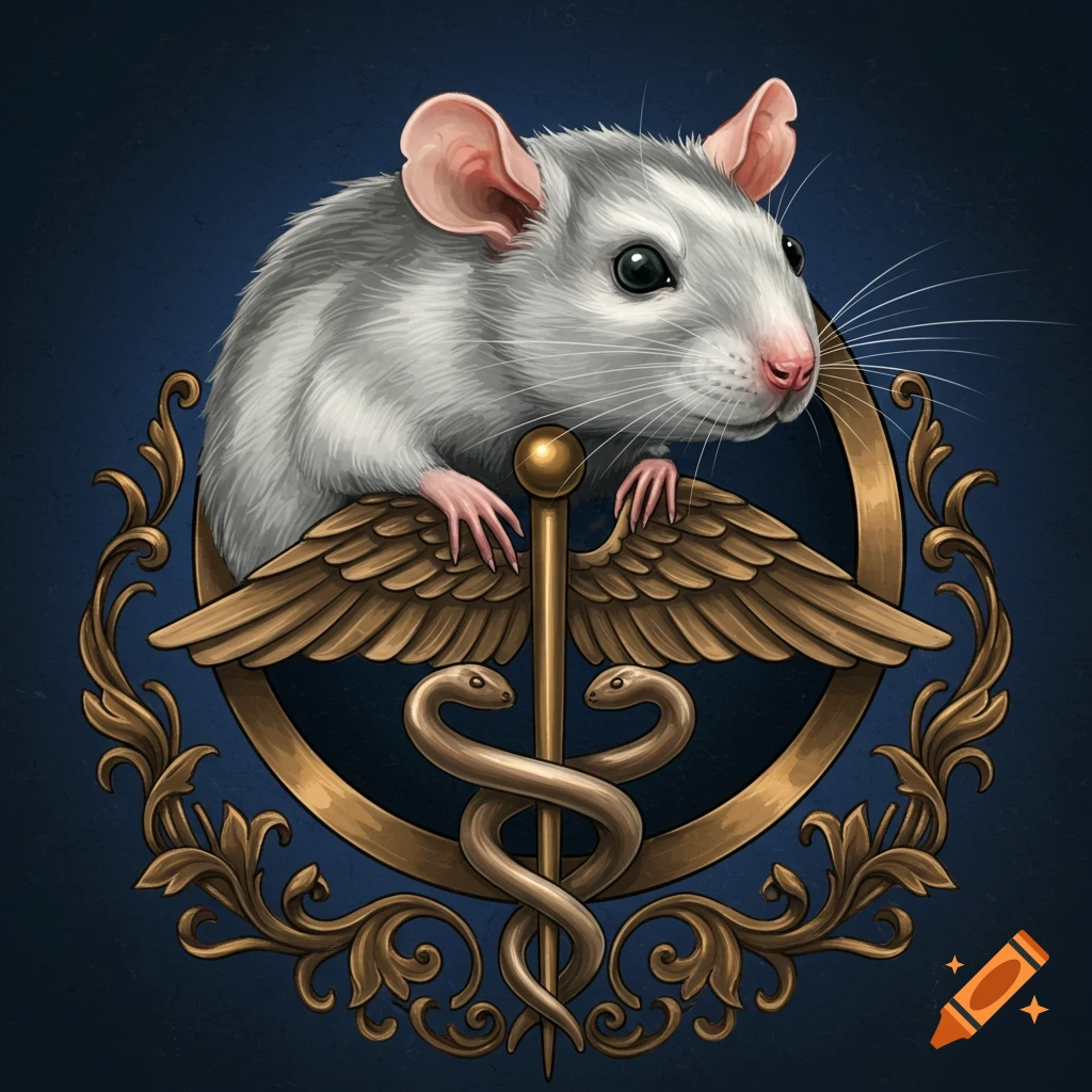 A white lab rat rests on a golden caduceus symbol within an ornate golden medallion on a dark blue background, rendered in an illustrative style.