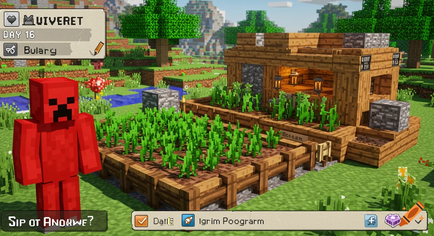 A Minecraft scene with a red creeper character standing next to a small wooden farm plot with green crops and a wooden house. Game UI elements are visible.