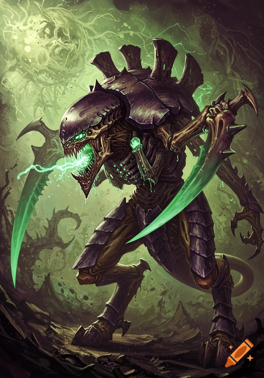 A menacing, armored alien creature with glowing green eyes and energy crackling from its mouth, holding large green blades in a dark, swampy environment.