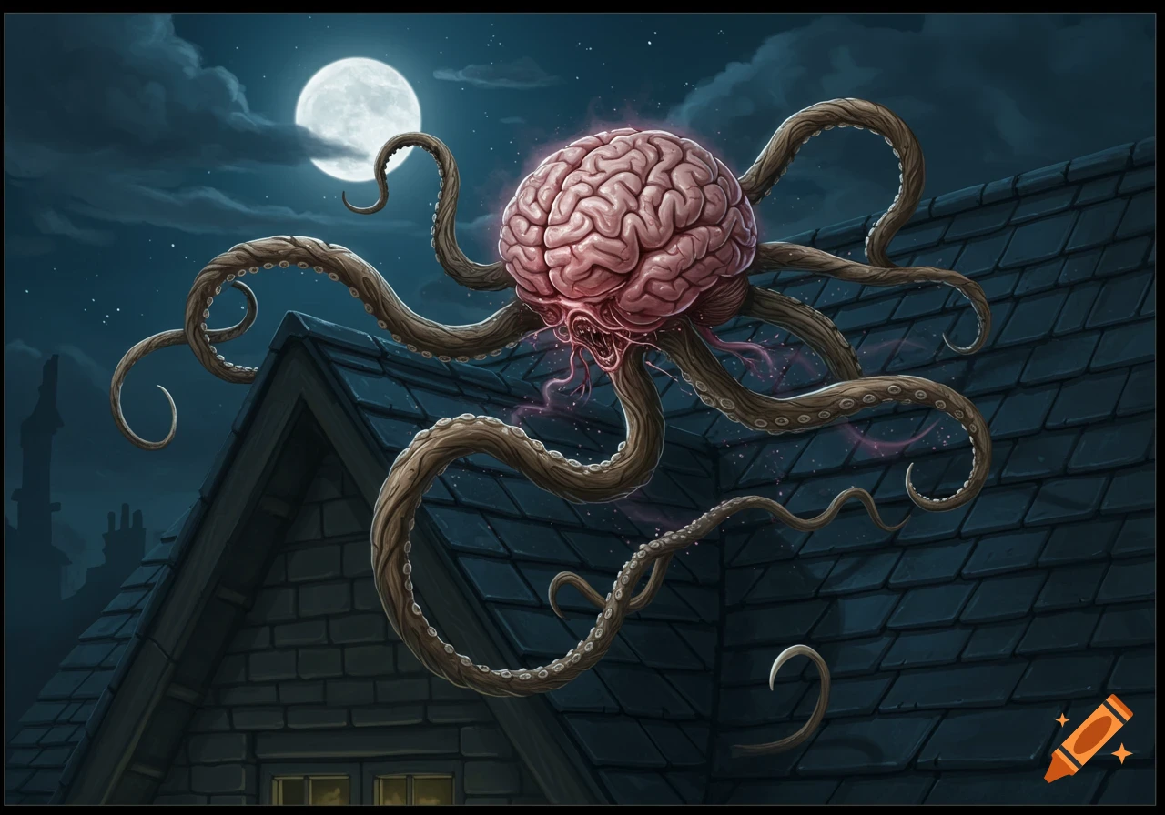 A Victorian-style brain monster with wooden tentacles flies above a dark roof under a full moon in a fantasy painting.