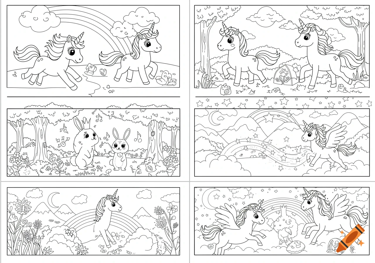 Six black and white line art coloring book pages featuring cute cartoon unicorns and bunnies in magical fantasy landscapes.