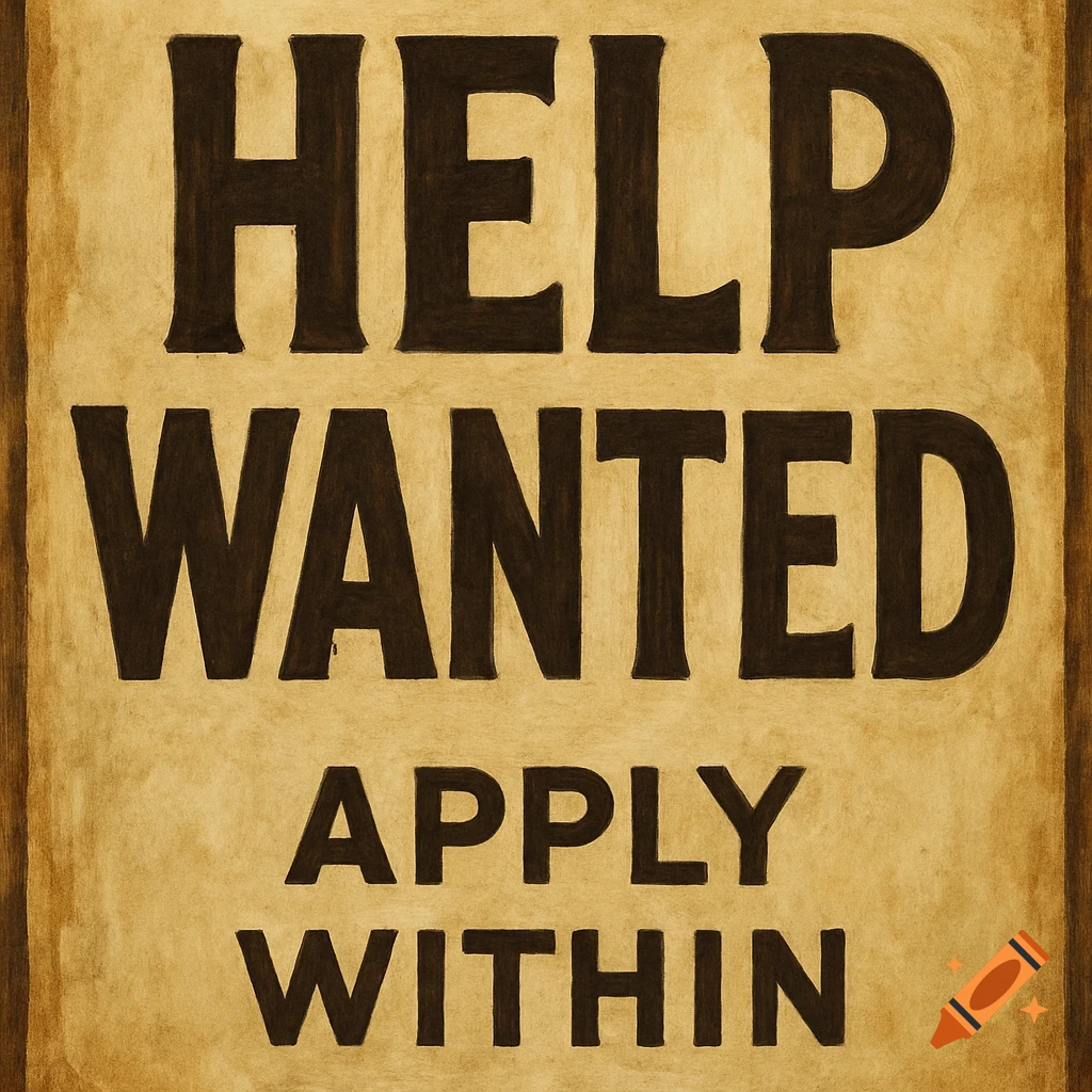 A vintage-style Help Wanted Apply Within poster on aged paper.