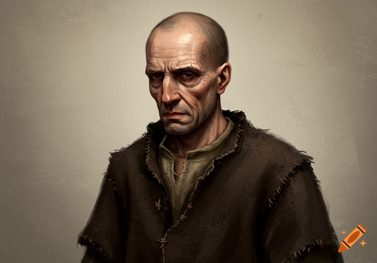 A portrait of a stern, bald man with a weathered face, wearing a simple brown tunic.