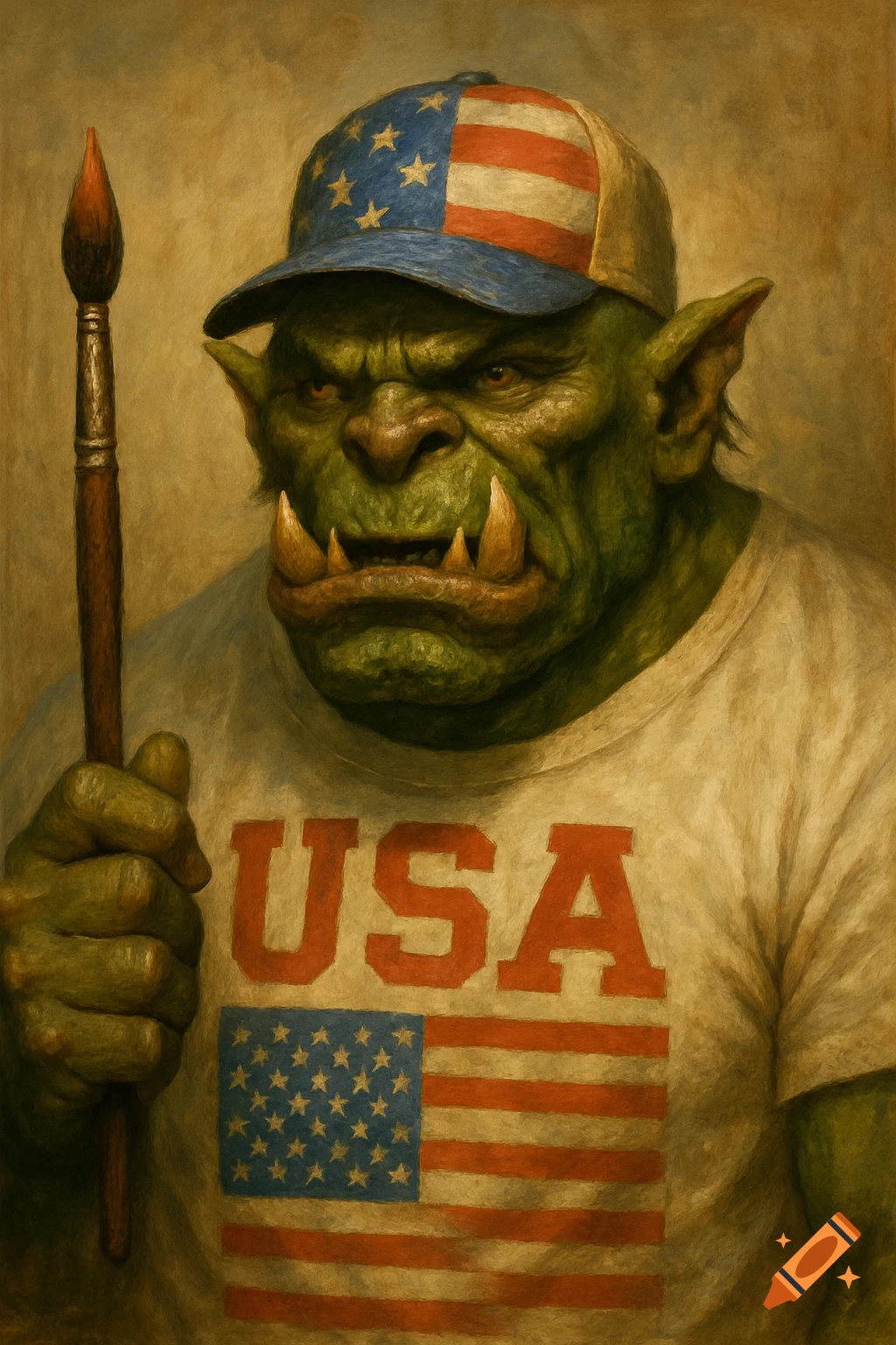 A green orc wearing an American flag cap and a 'USA' t-shirt holds a paintbrush, in a painterly style.