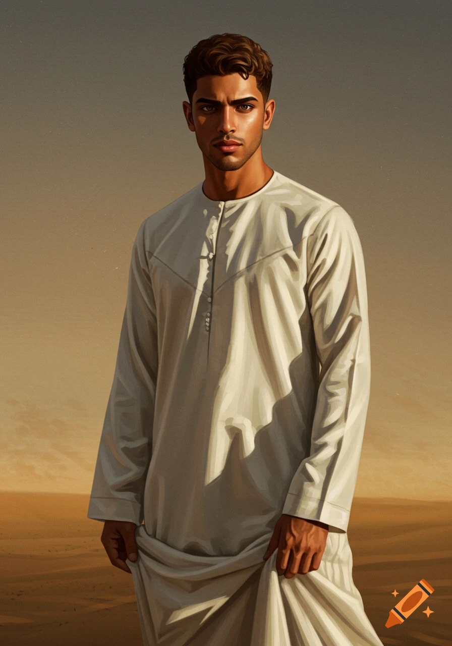 A digital painting of a man with dark hair and tan skin wearing a light-colored traditional robe, standing in a desert landscape.