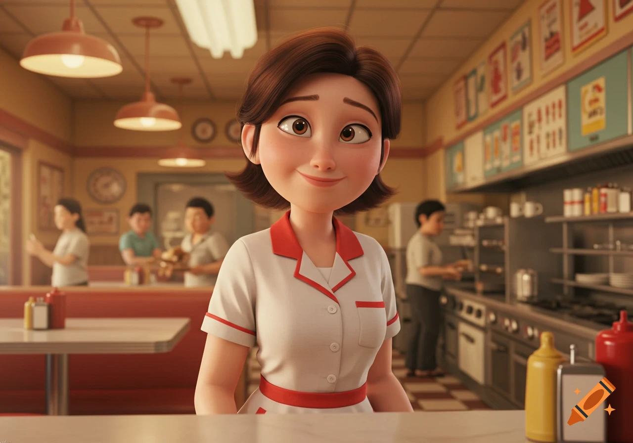 A cartoon woman with short brown hair in a white and red uniform smiles in a diner setting.