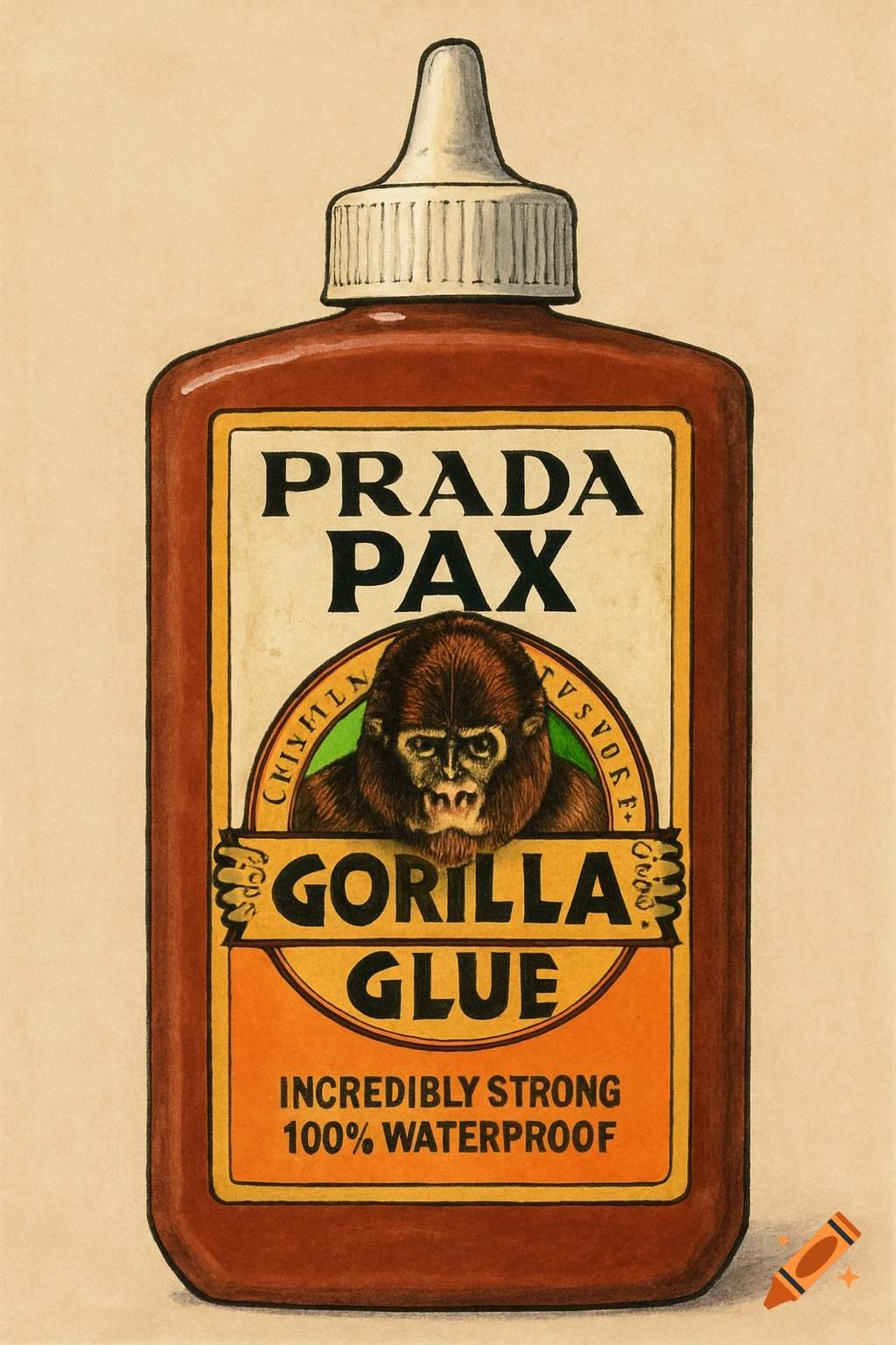 An illustration of a brown glue bottle with a white cap, featuring a label that reads "PRADA PAX GORILLA GLUE" with a gorilla's head.