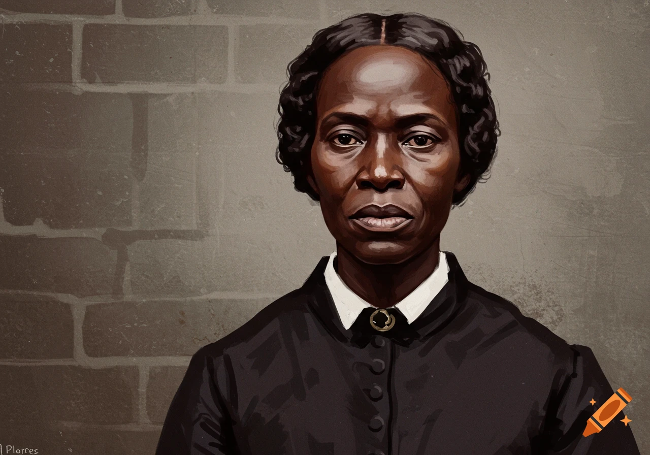 Stylized portrait of Harriet Robinson Scott, an African American woman with dark hair, wearing a black dress, against a brick wall.