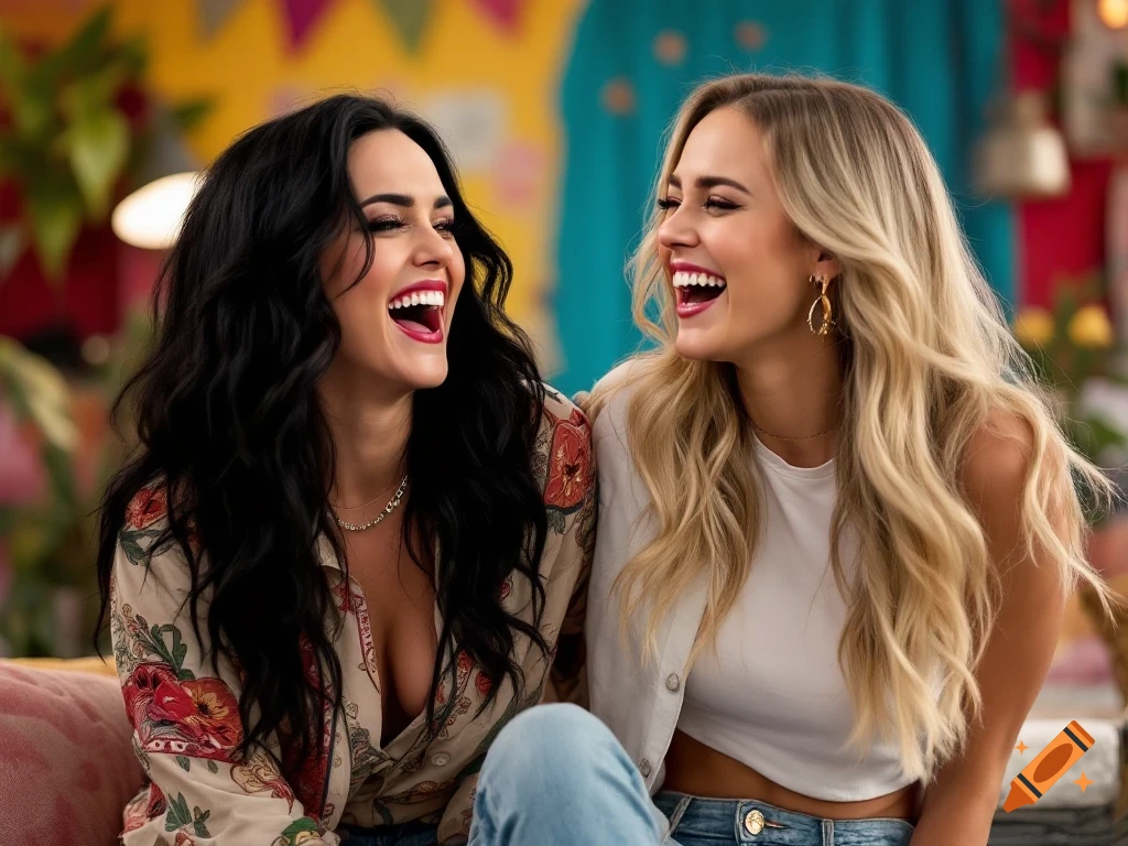 Two women with dark and blonde hair laughing hysterically, looking at each other in a lively and colorful setting. Photorealistic.