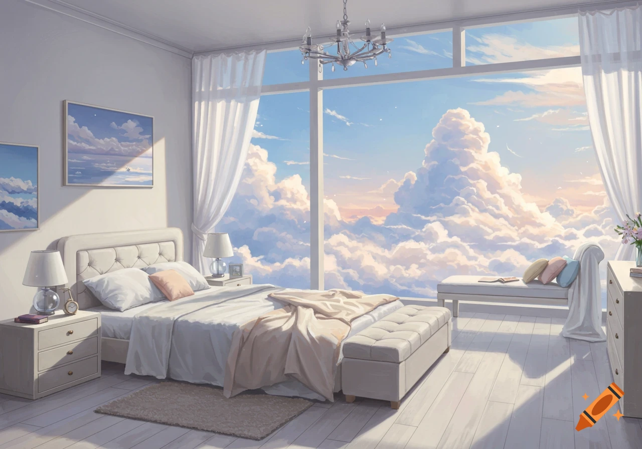 An anime-style bedroom with large windows showing a vast sky filled with fluffy clouds and a peaceful, tranquil atmosphere.