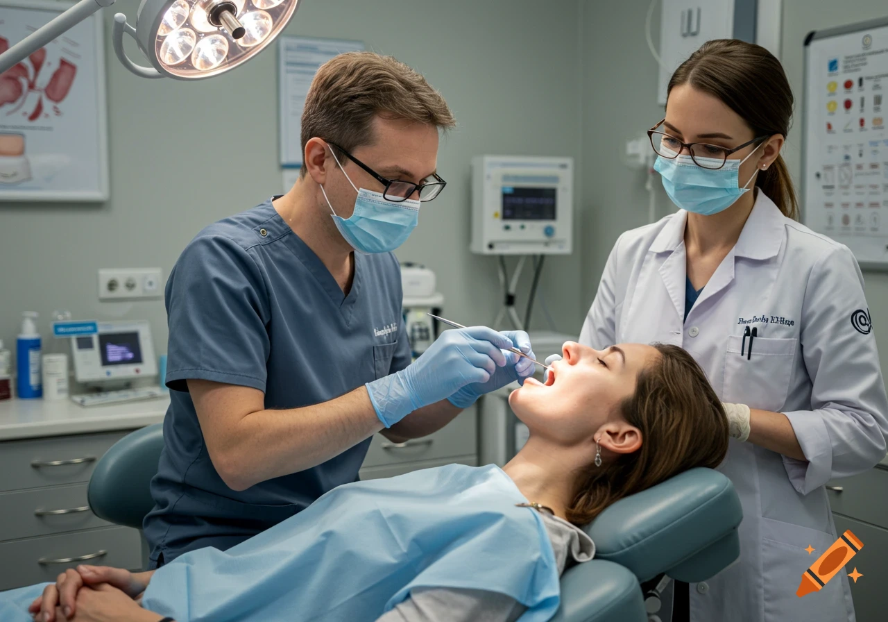 A dentist and assistant in masks and scrubs examine a patient's teeth in a brightly lit dental office.