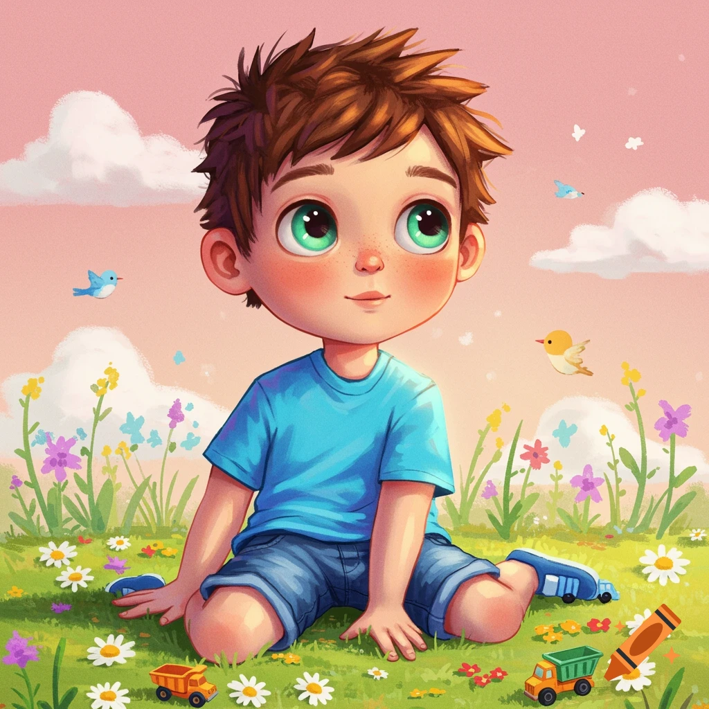 A cartoon boy with large green eyes, freckles, and spiky brown hair sits in a field of colorful flowers with birds under a pink sky.