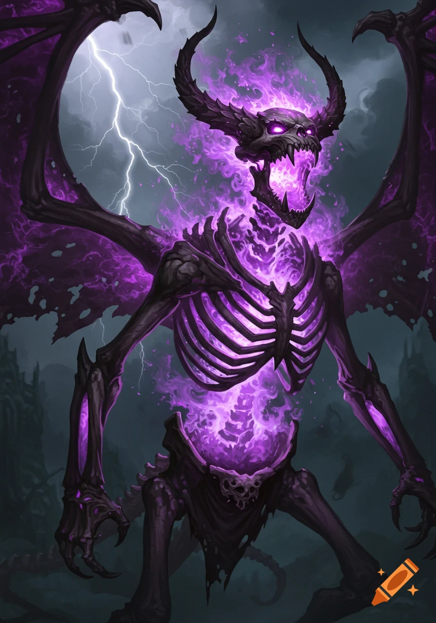 A gigantic skeletal gargoyle engulfed in purple fire, roaring under a lightning-filled stormy sky. Fantasy digital illustration.