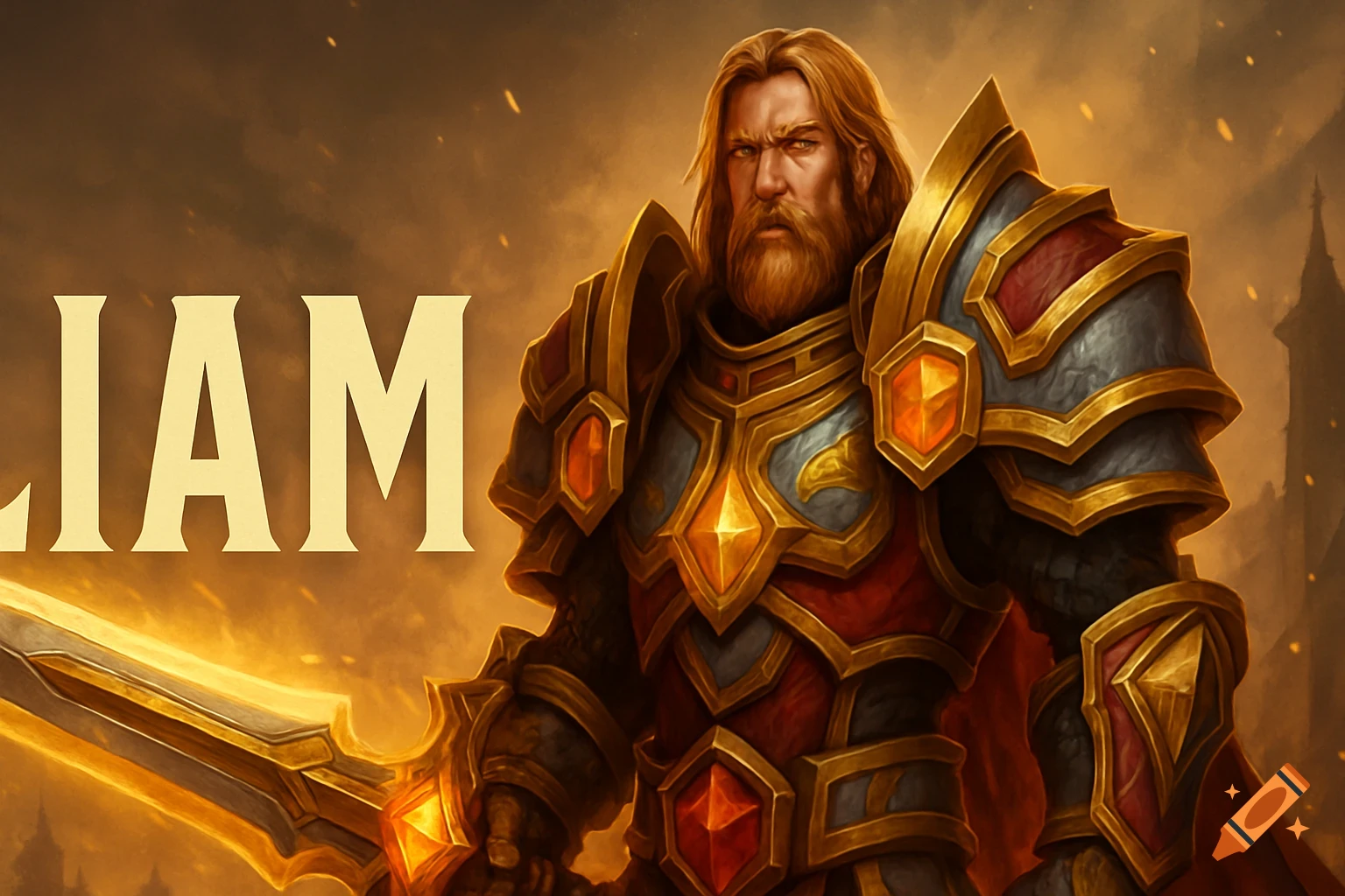 A blonde-haired, bearded fantasy paladin in ornate gold and red armor, holding a glowing sword, with the word "LIAM" prominently displayed in the foreground.