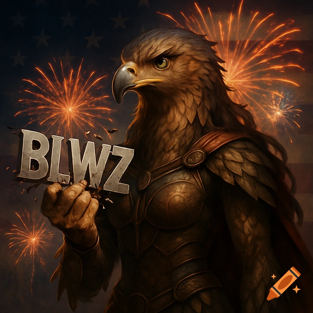 A majestic bird warrior in armor holds letters 'BLWZ' against a backdrop of a silhouetted American flag and bursting fireworks.