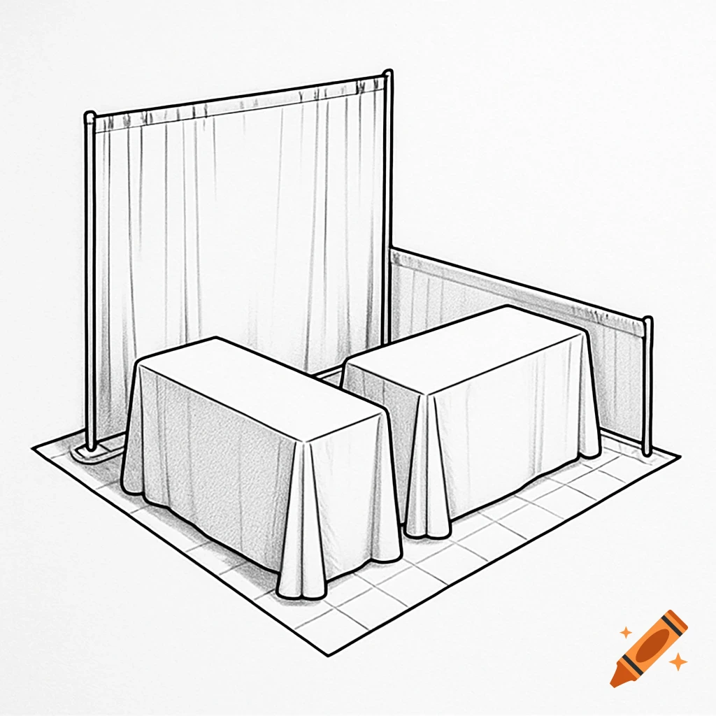 A black and white line drawing of an empty event booth with two draped tables in an L-shape and a backdrop curtain.