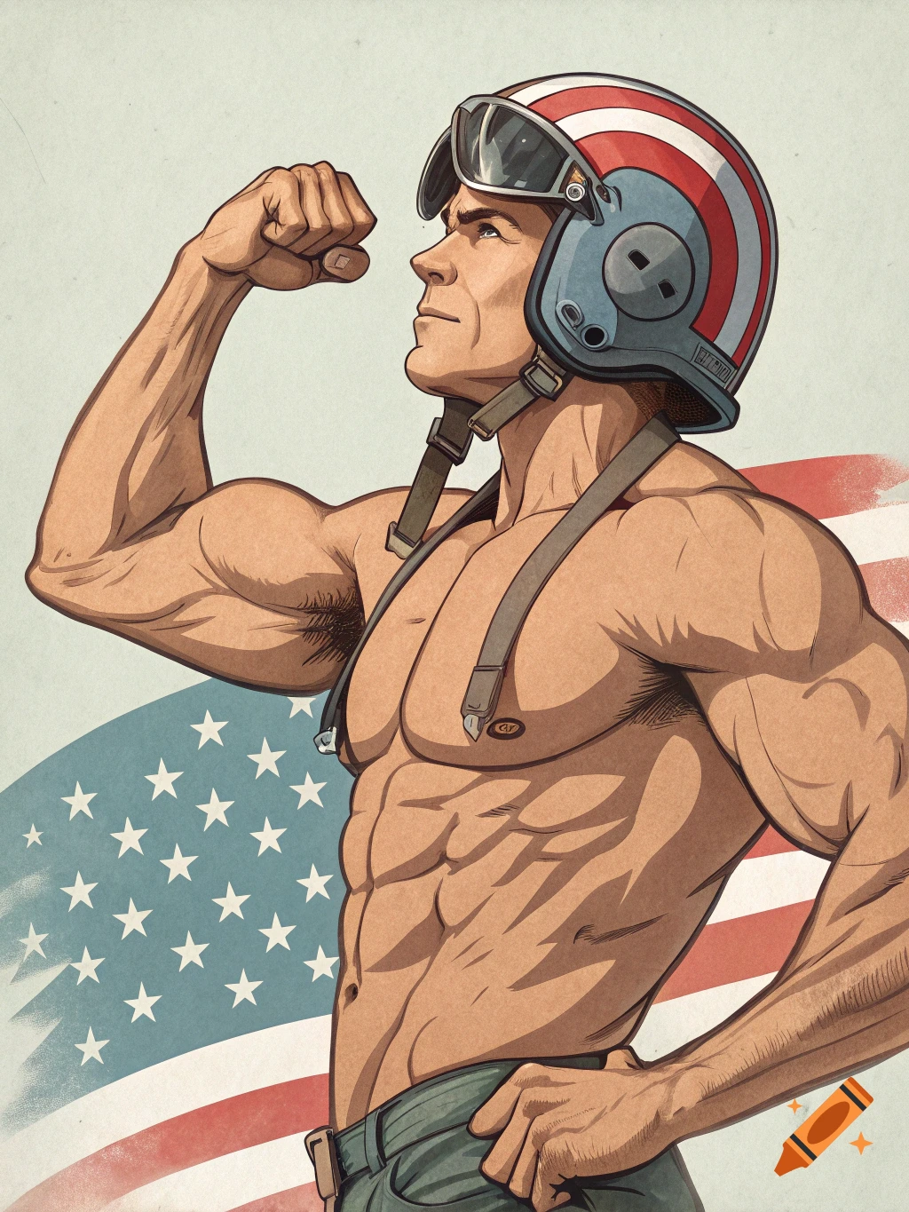 A muscular, shirtless man in a pilot's helmet with a red, white, and blue American flag background, in a cartoon style.