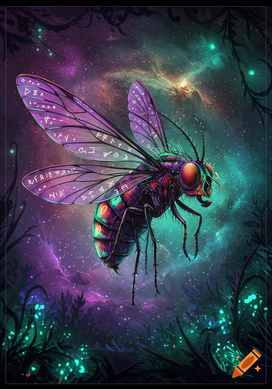 A vibrant, iridescent mystical fly with purple and green body and glowing runic wings floats against a cosmic nebula background.